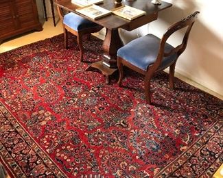 Persian rug 102" x 6', empire game table, pair antique open back chairs