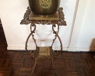Victorian marble top stand with antique European brass pot