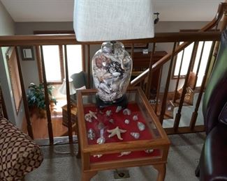 Vitrine / Curio like side table , and lamp. Sea shells