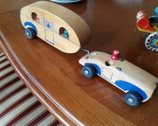 Vintsge wooden toy car with RV trailer