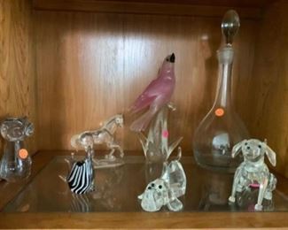 Lot 117- 6 glass figurines and decanter.  Murano owl $35, fish $15, horse $15, bird $30, glass decanter $10, Shannon glass dog $20, glass dog $20
