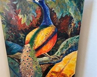 Lot 190 Peacock art. $40 NOW $20.  This is pretty in person!