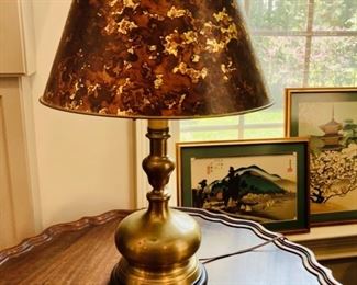 Vintage Heavy Brass Lamp with two pulls and designer shade