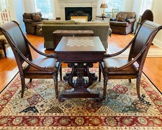 Hooker Game Table and pair of Leather Arm Chairs