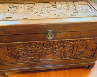 Oriental carved chest with shelf insert