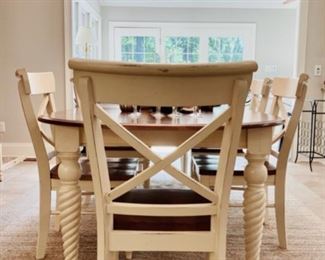 Bassett, Dining Table with two leaves and six chairs, cream color with cherry color wood top 