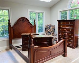 Stanley, Va.,  Mahogany Queen Bedroom Set with Pair of Batchelor Style Bedside Chests with Stone Tops, Tall Dresser and Large Wardrobe Dresser