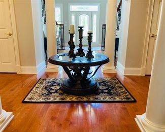 Round, Leather Banded Glass Accent Table with Ornate Base 