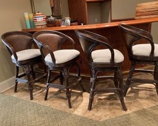 (4) Barrel Back Swivel Bar Stools with Leather Backs and Upholstered Fabric Seats and Bamboo Trim Legs