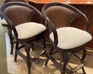 (4) Barrel Back Swivel Bar Stools with Leather Backs and Upholstered Fabric Seats and Bamboo Trim Legs