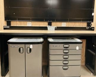 (2) Craftsman workstations, (3) Craftsman tall cabinets with shelves and storage plus a Craftsman Rolling Cabinet and Chest  