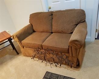pair tan/brown cloth loveseats