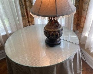 Plywood Occasional Table, Glass Top, Fabric Skirt
