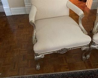 GORGEOUS!!!  Vintage Ivory Arm Chairs, Claw  Ball Foot, Re Purposed Frame Metallic Silver (2)