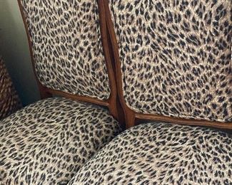 Vintage Mahogany Hand Carved Frames, Fabric Leopard Side Chairs (8)
