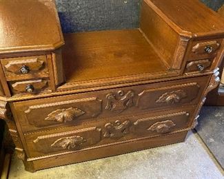 Antique (1800's) Hand Carved 2 Drawer Dressing Table. Hand Carved Acorn Handles.