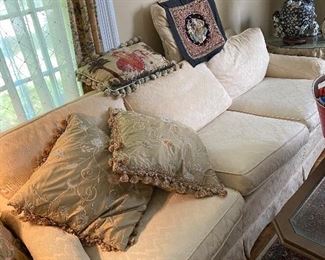 Baker Furniture Ivory, Silk Brocade Sofa, Decorative Pillows