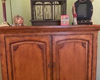 Knotty Pine Cabinet. Doors Slide Closed. Storage. Drawers. Decorative Bird Cage