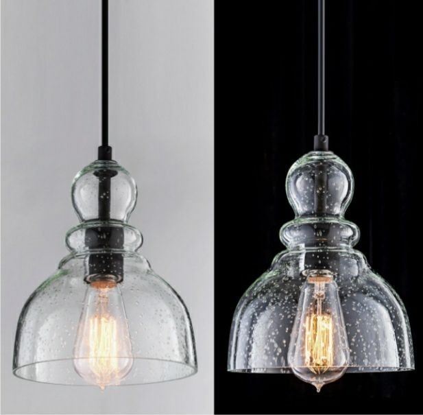 LANROS Industrial Mini Pendant Lighting with Handblown Clear Seeded Glass Shade, Adjustable Cord Farmhouse Lamp Ceiling Pendant Light Fixture for Kitchen Island Restaurant Kitchen Sink, Black, 1 Pack