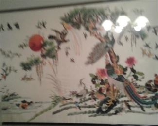 Chinese framed embroidery in the Yue Xiu style-100 birds and Imperial Phoenix 21 in x 40 in 