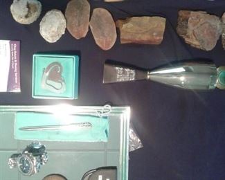 Geode, fossils, petrified wood Tiffany sterling, pen with cadeceous and bookmark, Bronze Peace medal from 1979