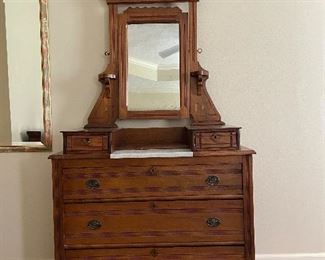 Walnut dresser with marble insert top  w/ swivel mirror