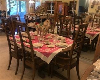 Vintage Thomasville Dining Room Set ~ Table With Four Leaves, Six High Back Chairs With Rush Seats And Buffet ~ Dining Room