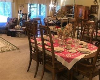 Vintage Thomasville Dining Room Set ~ Table With Four Leaves, Six High Back Chairs With Rush Seats And Buffet ~ Dining Room