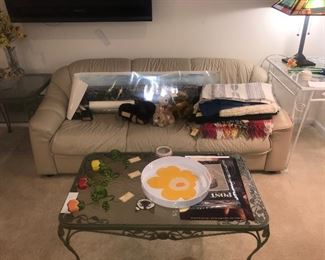 Tan Leather Sofa ~ Vintage Woodard Wrought Iron Coffee Table