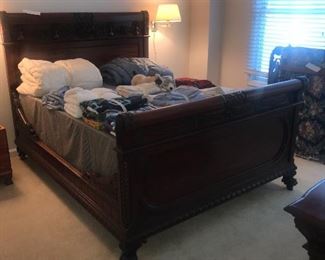 Antique Hand Carved Mahogany Sleigh Bed With Matching Dresser ~ Full Size