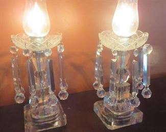  large Vintage Pair Crystal Boudoir Hurricane Lamps Prisms 
