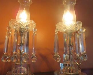  large Vintage Pair Crystal Boudoir Hurricane Lamps Prisms 
