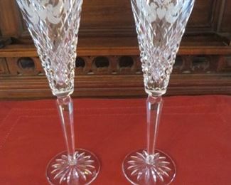 50% off now  $17.50 was $35 WATERFORD MILLENNIUM SERIES PEACE Cut Crystal Fluted Champagne Glasses (pair)
