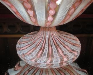 $195 VINTAGE MURANO PINK & WHITE LATTICINO ZANFIRICO CANDY DISH & TRUMPET