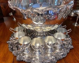 Large silver punch bowl, 12 cups, tray and ladle