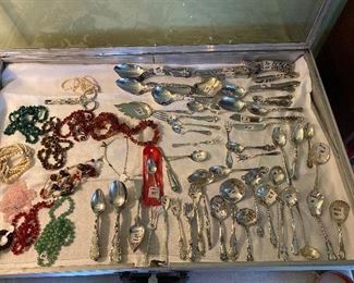 Assorted sterling flatware,  beads- jade, amber, angel skin coral, tiger eye, malachite 