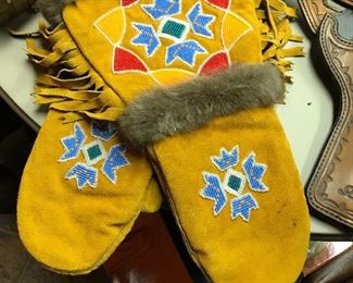 Leather, Fur, Beaded Mittens