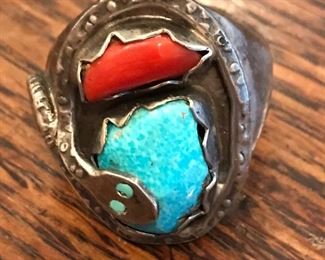 Effie C. Native American Zuni Coral and Turquoise Ring