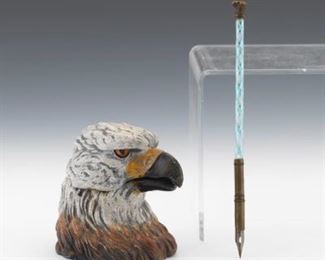  Cold Painted American Bald Eagle Inkwell with French Bronze and Venetian Glass Pen with American Miller Bros. Steel Nib 