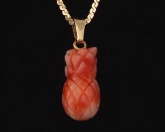  Ladies Gold and Carved Coral Pineapple Pendant on Chain 