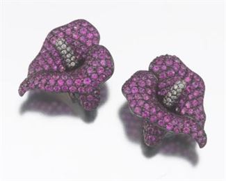 Ladies Pair of Blackened Gold, Pink Sapphire and Diamond Cala Lily Ear Clips