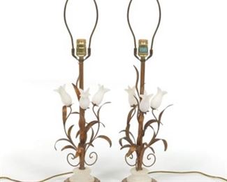  Pair of Gilt Metal and Carved Alabaster Floral Lamps on Gilt Wood Base 