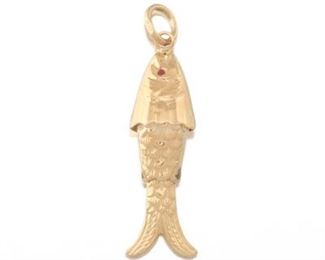 18k Gold and Ruby Enamel Articulated Fish Charm Pendant 