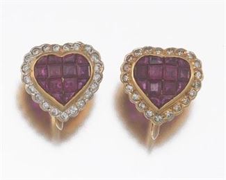 A Pair of Mystery Gemstone and Diamond Heart Shape Earrings 