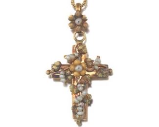 Antique Victorian TriColor Gold and Seed Pearl Cross on Italian Chain