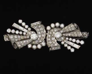 Art Deco Platinum and Diamond Duette Brooch 