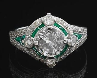 Art Deco Style Gold, Emerald 1.32 ct Diamond Center Ring 