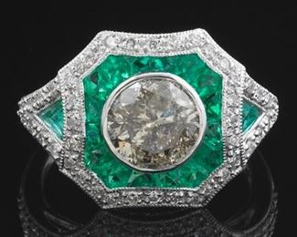 Art Deco Style Platinum 1.70 ct Diamond and Emerald Ring 