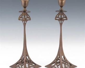 Art Nouveau Pair of Patinated Bronze Candlesticks 