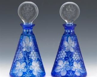 Blue Cut To Clear Pair Of Decanters